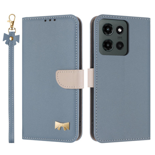 Moto G 2025 Metal Bow Leather Phone Case with Hand Strap - Light Blue